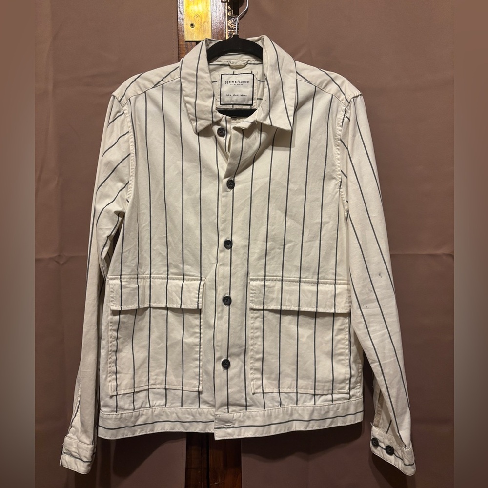 Denim & Flower by Ricky Singh Men’s Workwear Jacket – Cream Navy Pinstripes (L)
